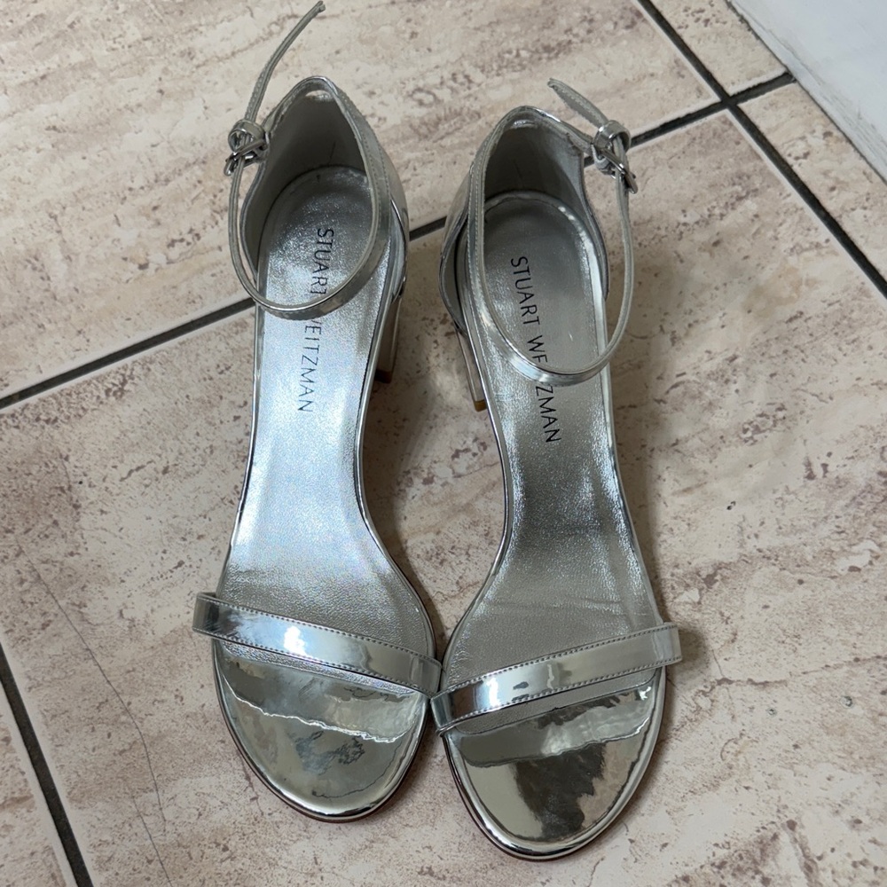 Stuart Weitzman Shiny Silver Ankle Strap Heels